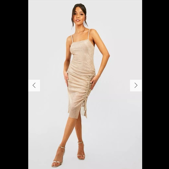 NWT PrettyLittleThing Gold Glitter Metallic Ruched Midi Party Dress Small 4 - Picture 1 of 8